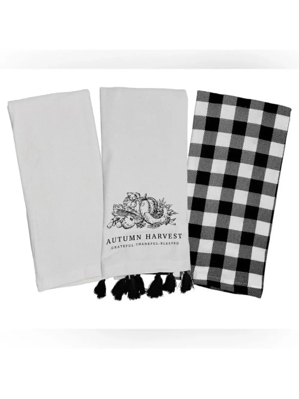 MRKT Autumn Harvest Black White Graphic Gingham Plaid Cotton Towel Gift Set